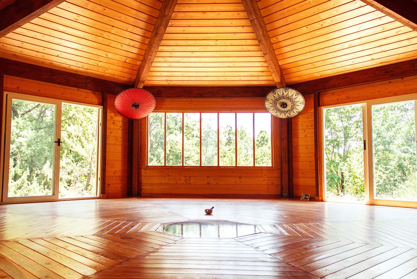 inside of a pagoda in the woods
